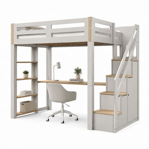 Letto a soppalco singolo bianco e rovere in pino massello con scrivania scala contenitore e libreria 90 x 200 cm