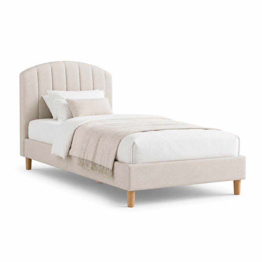 Letto singolo imbottito beige in poliestere con testiera arrotondata 90 x 190 cm