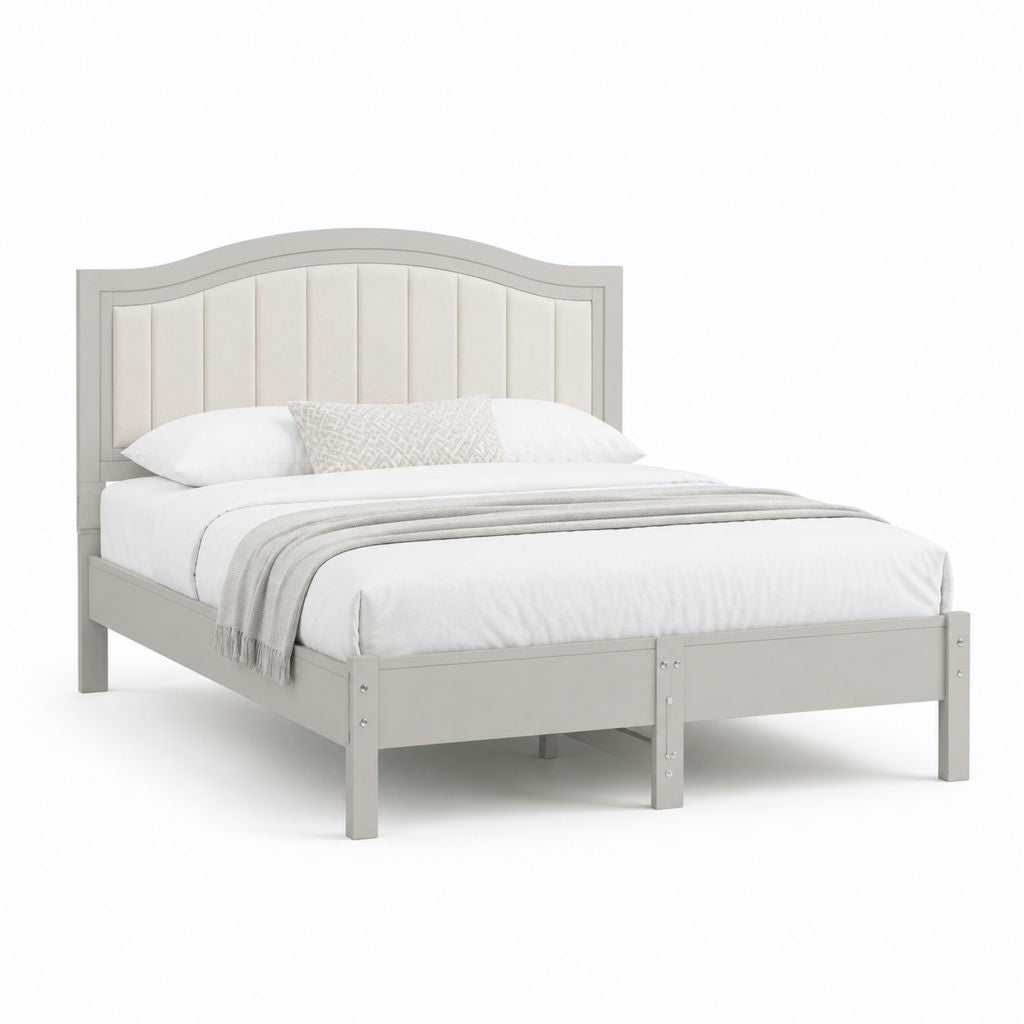Letto matrimoniale grigio in legno di pino e MDF con testiera imbottita 160 x 200 cm