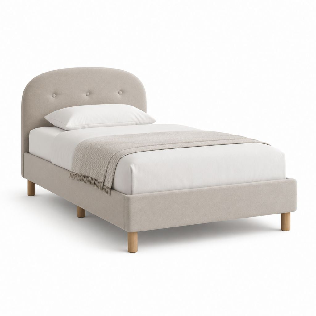 Letto singolo imbottito beige in poliestere 90 x 190 cm con testiera arrotondata