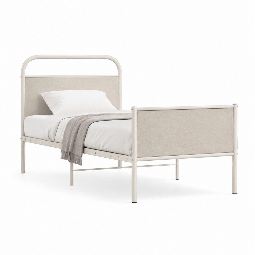 Letto singolo 90 x 190 cm crema e beige in acciaio verniciato con pannelli in poliestere rettangolare