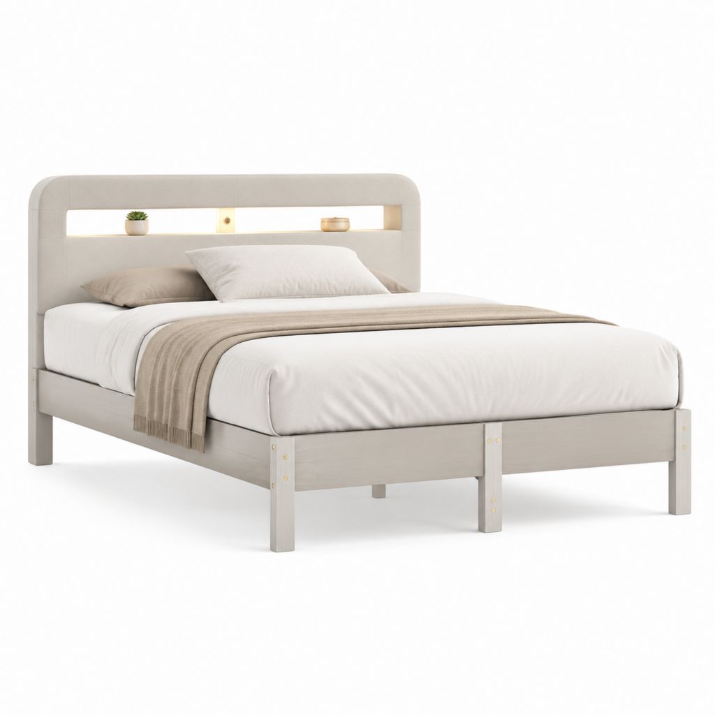 Letto matrimoniale in legno massello beige con testiera a mensola 160 x 200 cm