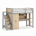 Letto a soppalco singolo per bambini grigio e rovere in pino massello e MDF 90 x 200 cm con scrivania armadio e scala contenitore