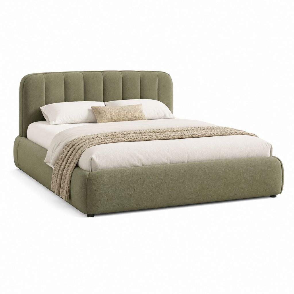 Letto matrimoniale imbottito verde oliva in poliestere con testiera arrotondata 180 x 220 x 110 cm