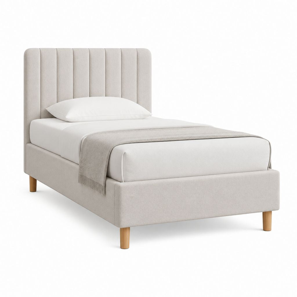 Letto singolo imbottito beige in poliestere con testiera scanalata 90 x 200 cm