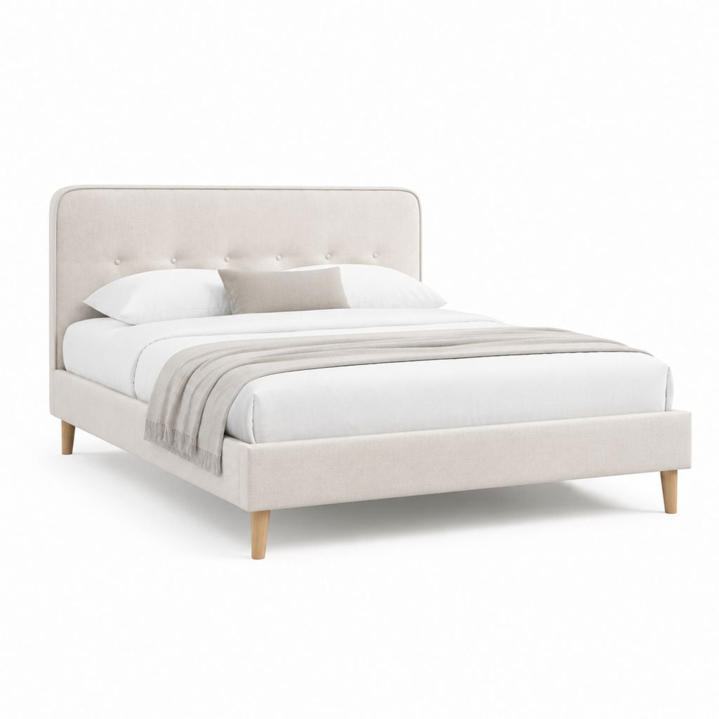 Letto matrimoniale con testiera imbottita beige in poliestere 160 x 200 cm