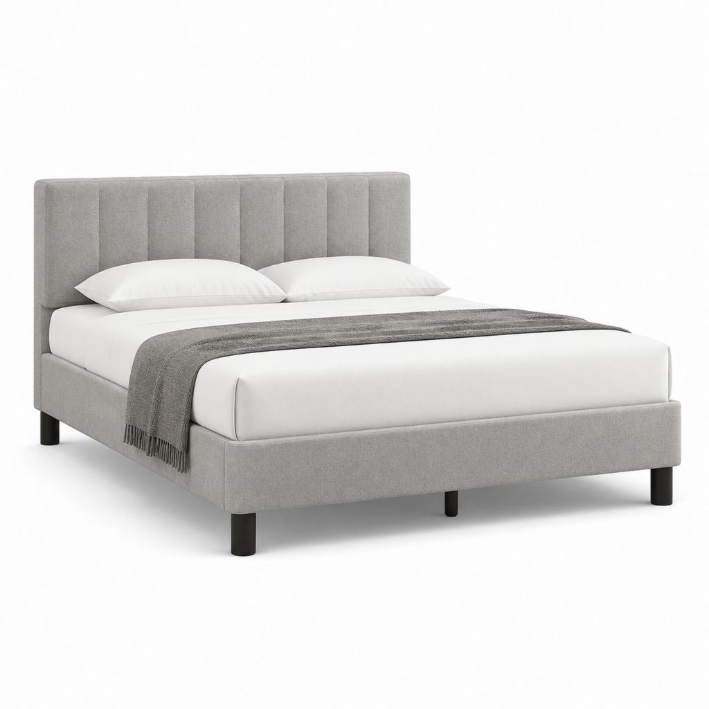 Letto matrimoniale imbottito grigio in poliestere con testiera rettangolare 170 x 215 x 110 cm