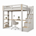 Letto a soppalco singolo bianco e rovere in pino massello con scrivania scala contenitore e libreria 90 x 200 cm