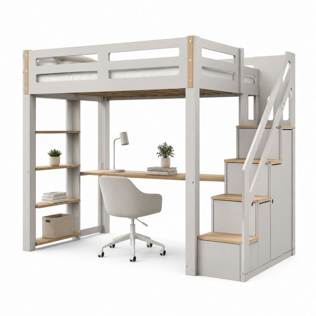 Letto a soppalco singolo bianco e rovere in pino massello con scrivania scala contenitore e libreria 90 x 200 cm
