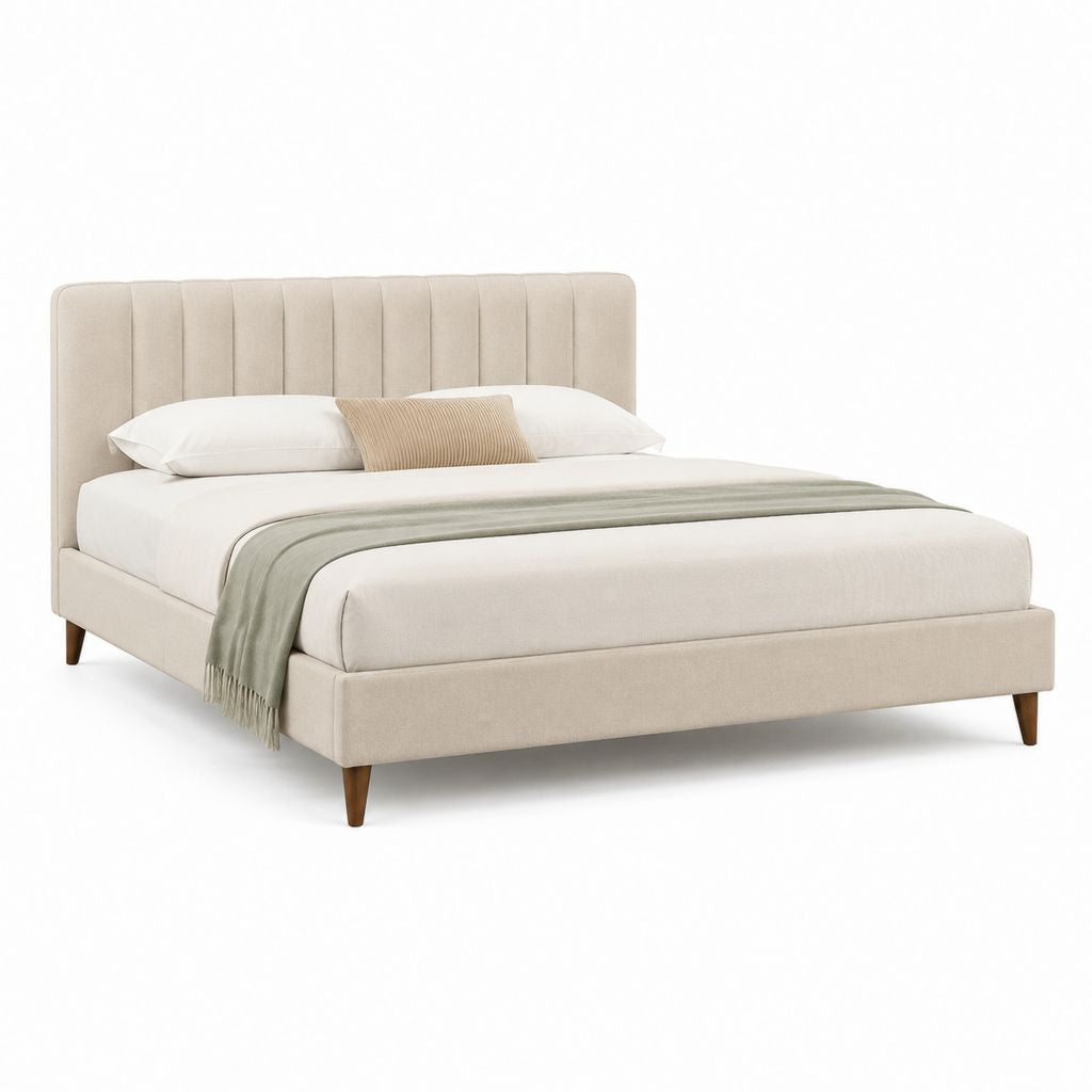 Letto matrimoniale imbottito beige in poliestere con testiera rettangolare 160 x 200 cm