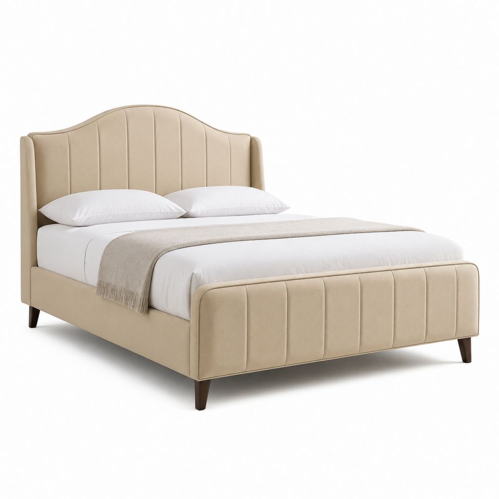 Letto matrimoniale imbottito beige in poliestere con testiera curva 160 x 200 cm