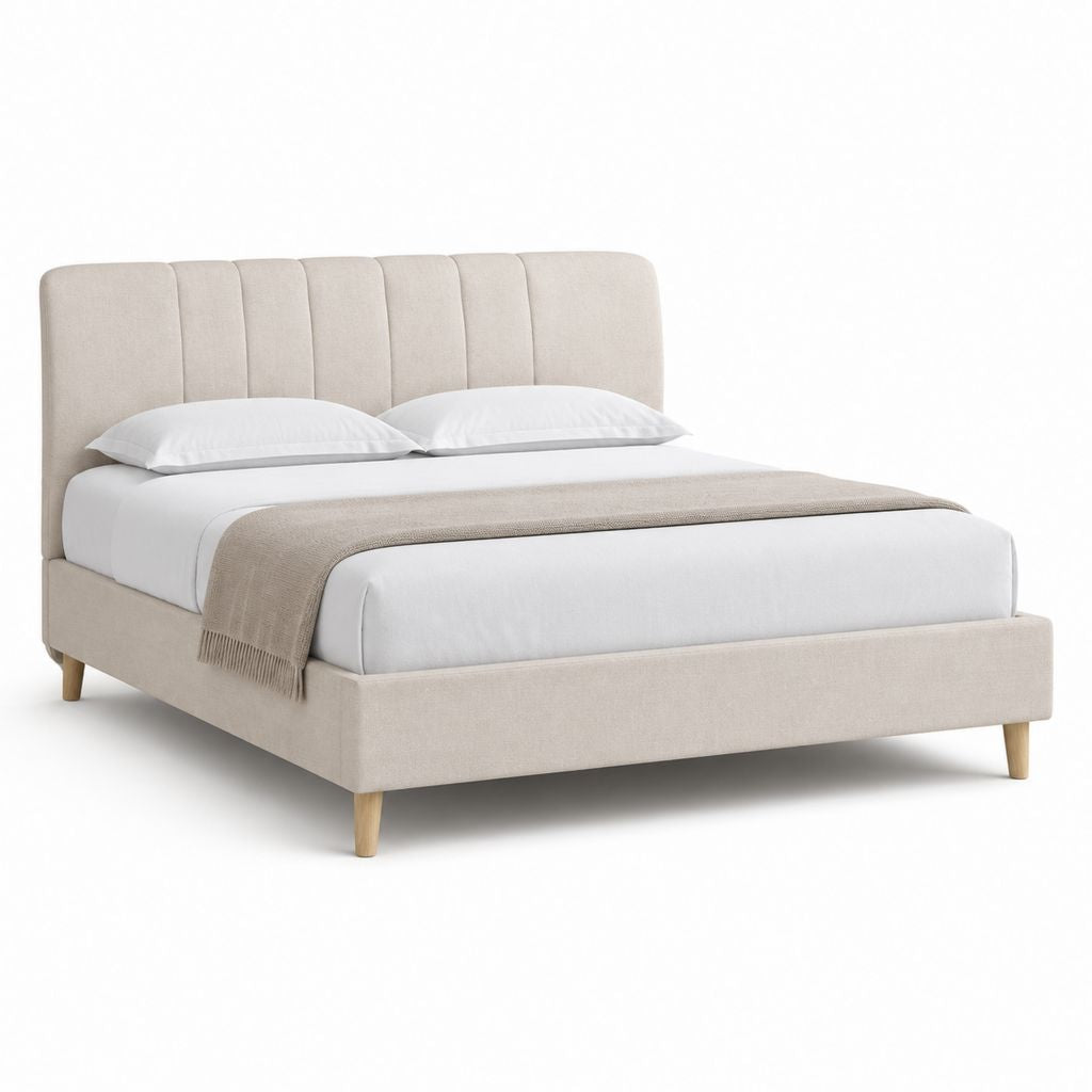 Letto matrimoniale imbottito beige in poliestere 160 x 200 cm con testiera alta