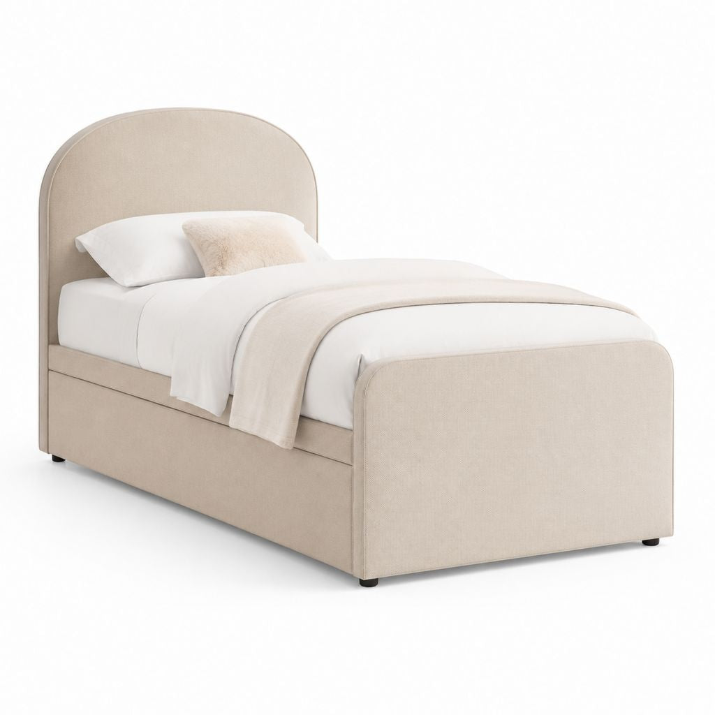 Letto singolo imbottito beige in poliestere con testiera arrotondata 90 x 200 cm