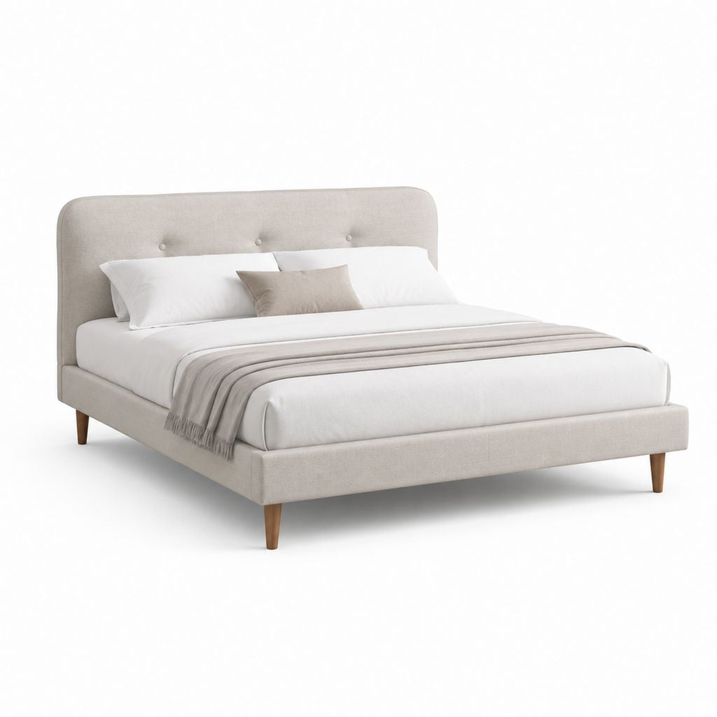Letto matrimoniale imbottito beige in poliestere con testiera rettangolare 160 x 200 cm