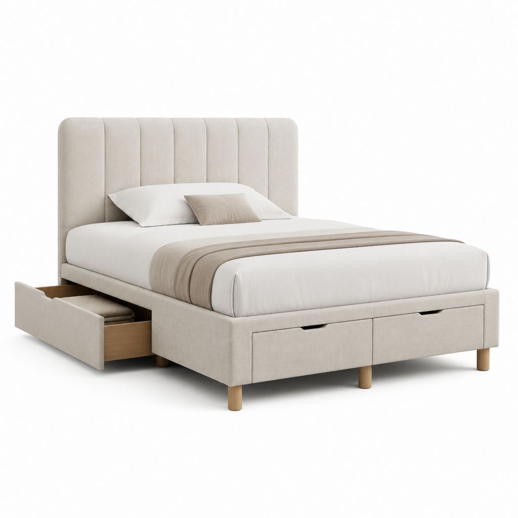 Letto matrimoniale con 3 cassetti beige in poliestere rettangolare 160 x 200 cm
