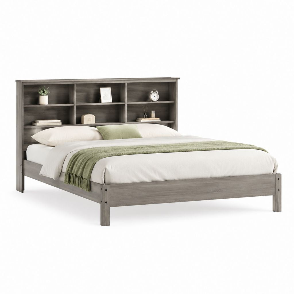 Letto matrimoniale con testiera libreria grigio rovere in pannelli di particelle 160 x 200 cm