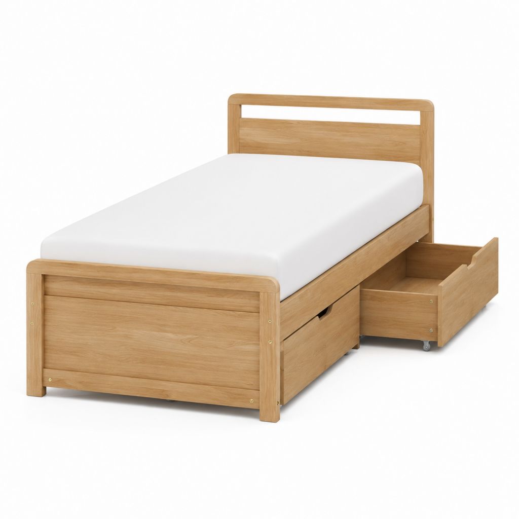 Letto singolo rettangolare in legno massello di pino naturale con 2 cassetti 90 x 190 cm