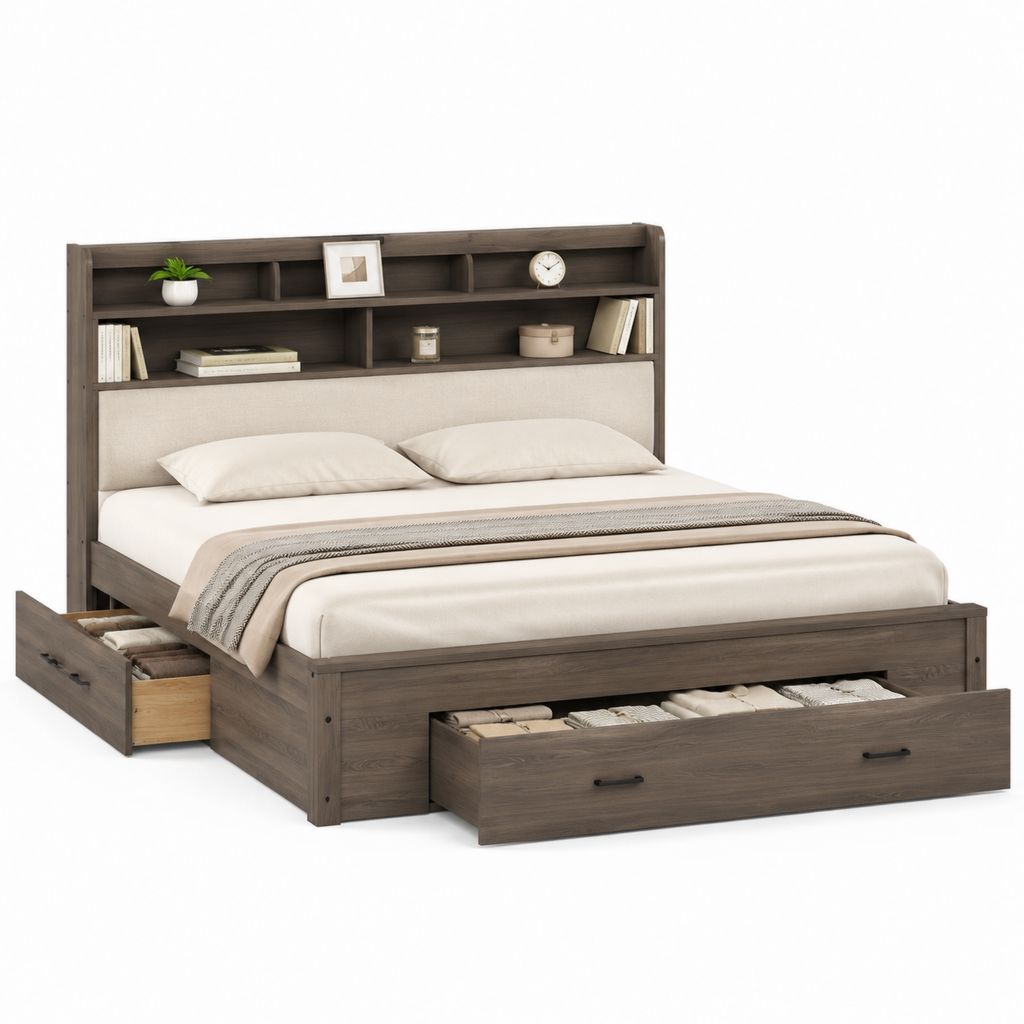 Letto matrimoniale con contenitore 4 cassetti e testiera libreria grigio scuro in pannello truciolare 170 x 220 x 150 cm per materasso 160 x 200 cm